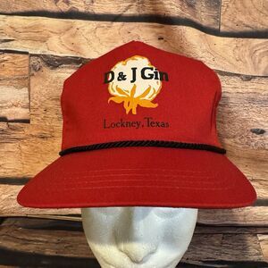 D&J Gin Lockney Texas Cotton Boll Red Snapback Hat Cap Farm Rope Adjustable